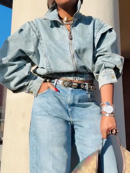 Stand Collar Zip-up Denim Jacket