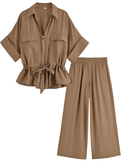 Casual Elegant Drawstring Waist Two Pieces Set