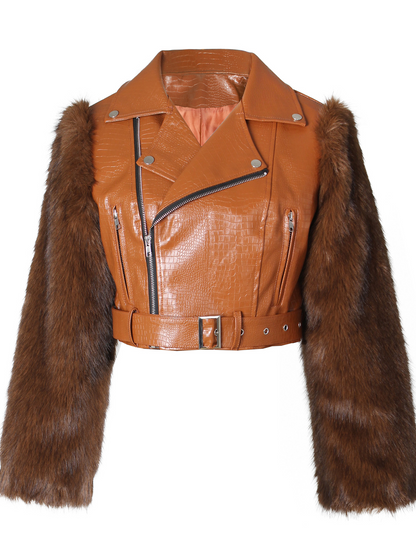 Patchwork Faux Leather Jacket With Fuzzy Sleeves