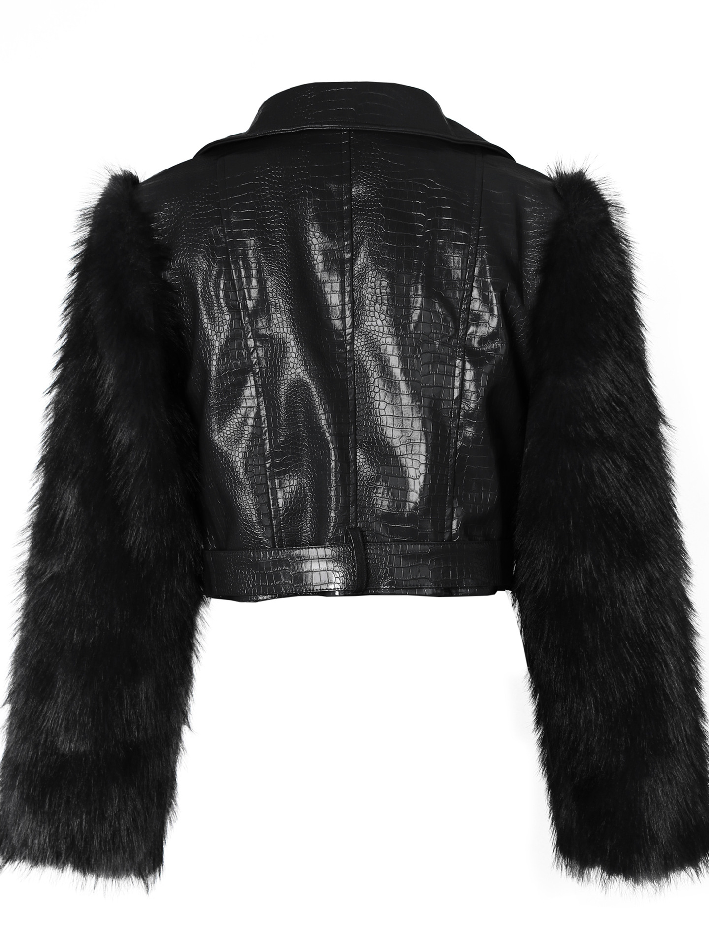 Patchwork Faux Leather Jacket With Fuzzy Sleeves