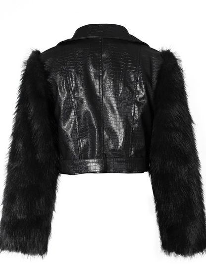 Patchwork Faux Leather Jacket With Fuzzy Sleeves