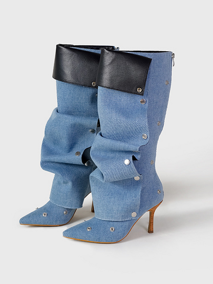 Rivet Buckle Stitching Two-way Denim Pleated Pile Boots