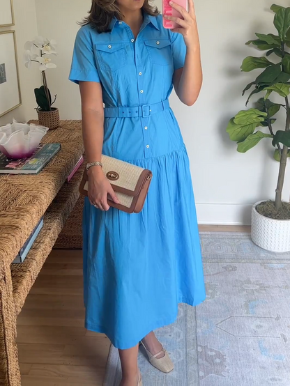 Button Half Placket Closure Poplin Shirtdress