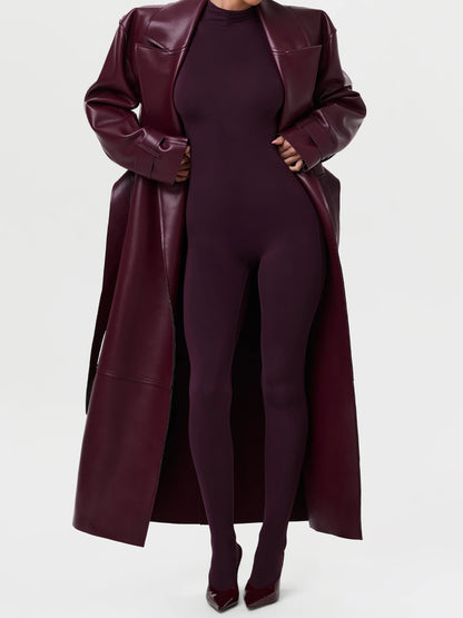 Wide Lape PU Belted Trench Coat
