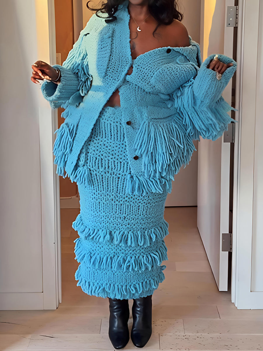 Fringed Knitted Long Sleeve Two Pieces Dress