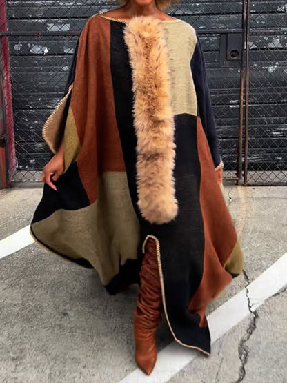 Removable Faux Fur Color Block Poncho