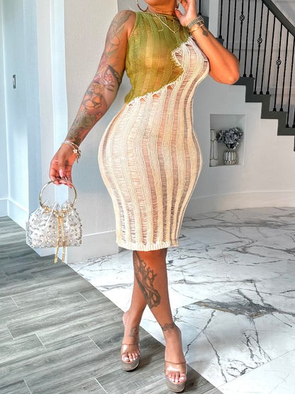Sexy Sleeveless Knitted Color Block Dress