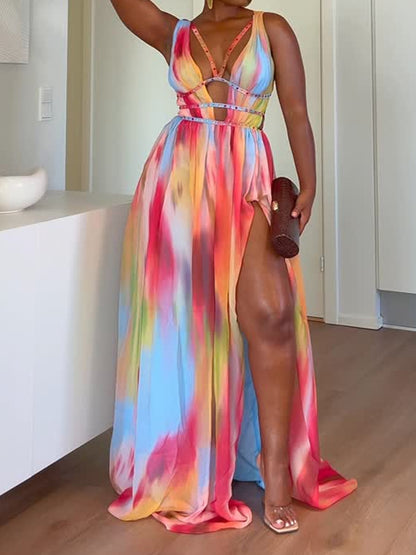 Deep V Neck Printed Cutout Maxi Dress