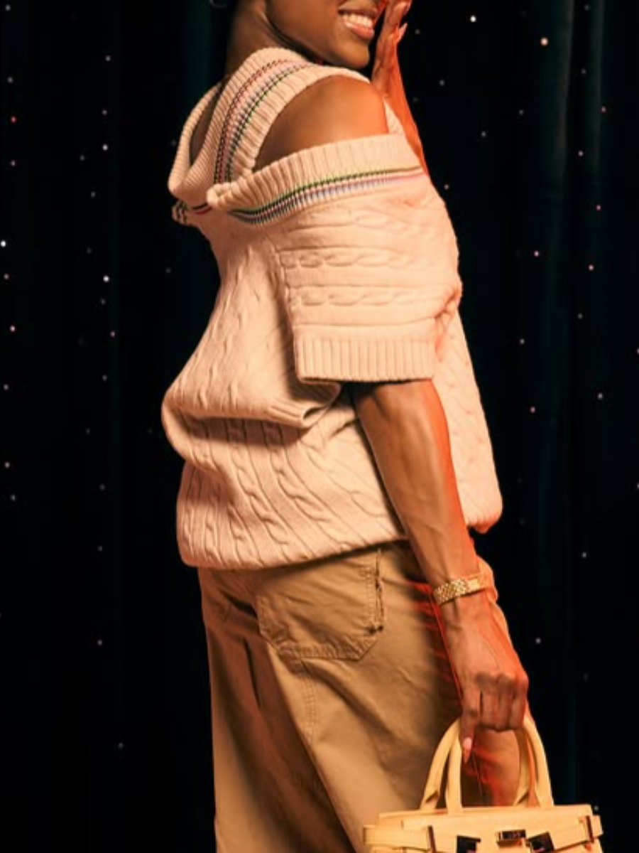 Open-Shoulder Contrast Knit Sweater