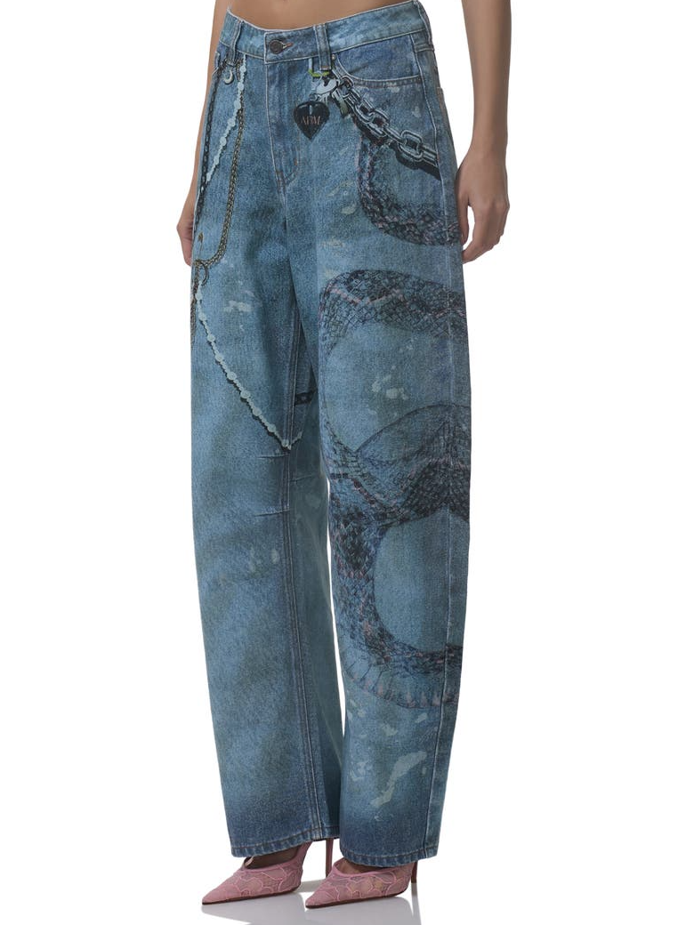 Retro Print Barrel Leg Jeans
