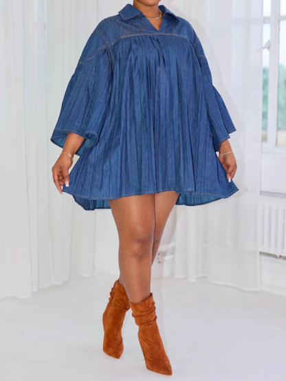 Loose-Fit Denim Pleated Patchwork Dress