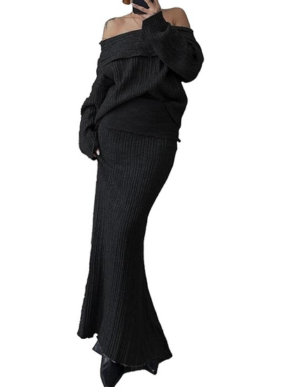 Off-the-shoulder Knitted Skirt 2Pcs Set