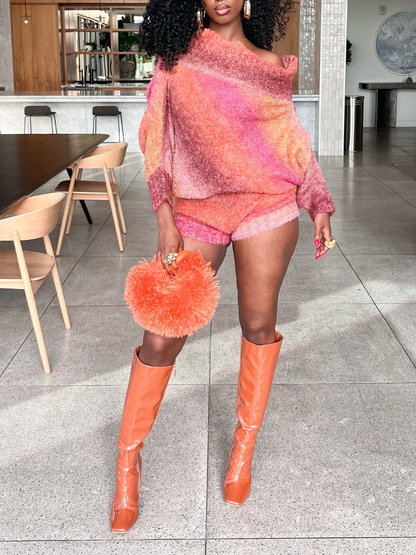 Knitted Off-shoulder Pants Suit