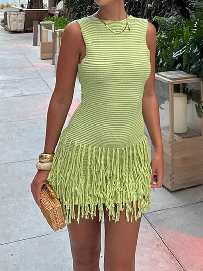 Knitted Tassel Sexy Open Back Dress