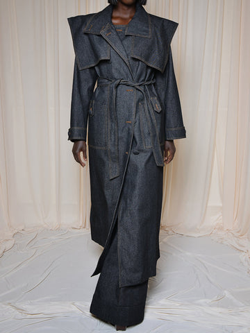 Fashion Lapel Strap Denim Trench Coat