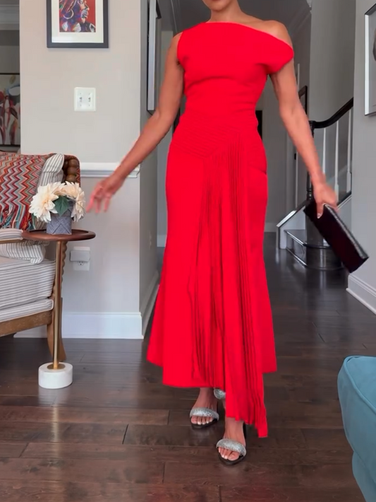Off The Shoulder Asymmetric Pleated Dress