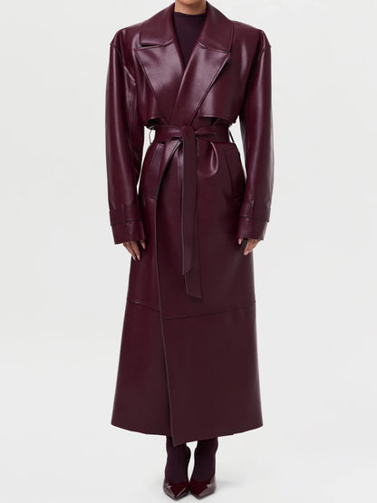 Wide Lape PU Belted Trench Coat