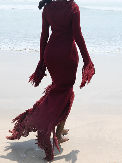 Deep V Neck Fringed Slit Hem Maxi Dress