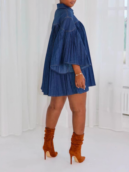Loose-Fit Denim Pleated Patchwork Dress