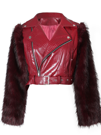 Patchwork Faux Leather Jacket With Fuzzy Sleeves