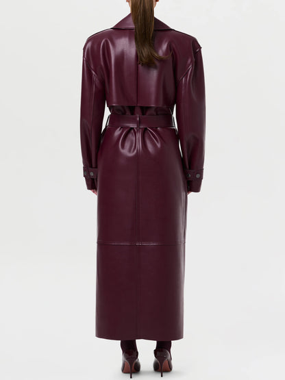 Wide Lape PU Belted Trench Coat