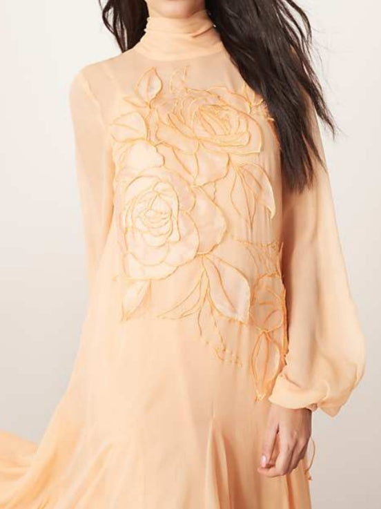 Applique Floral Tie Neck Blouson Sleeve Maxi Dress