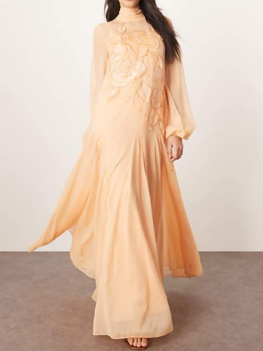 Applique Floral Tie Neck Blouson Sleeve Maxi Dress