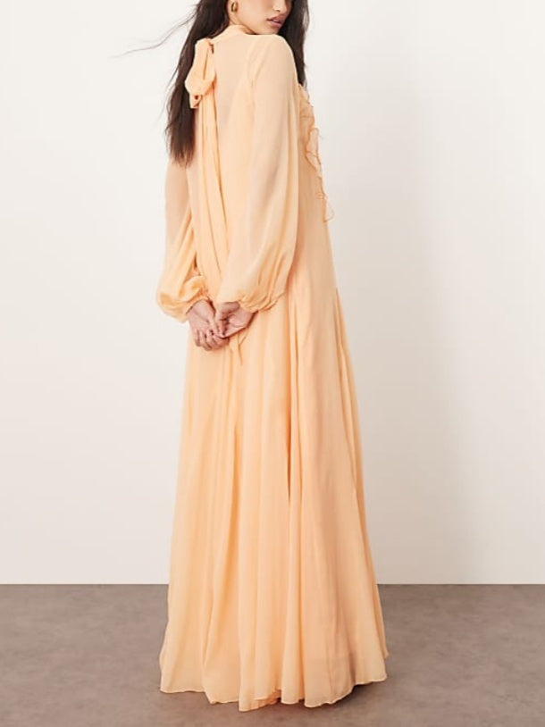 Applique Floral Tie Neck Blouson Sleeve Maxi Dress