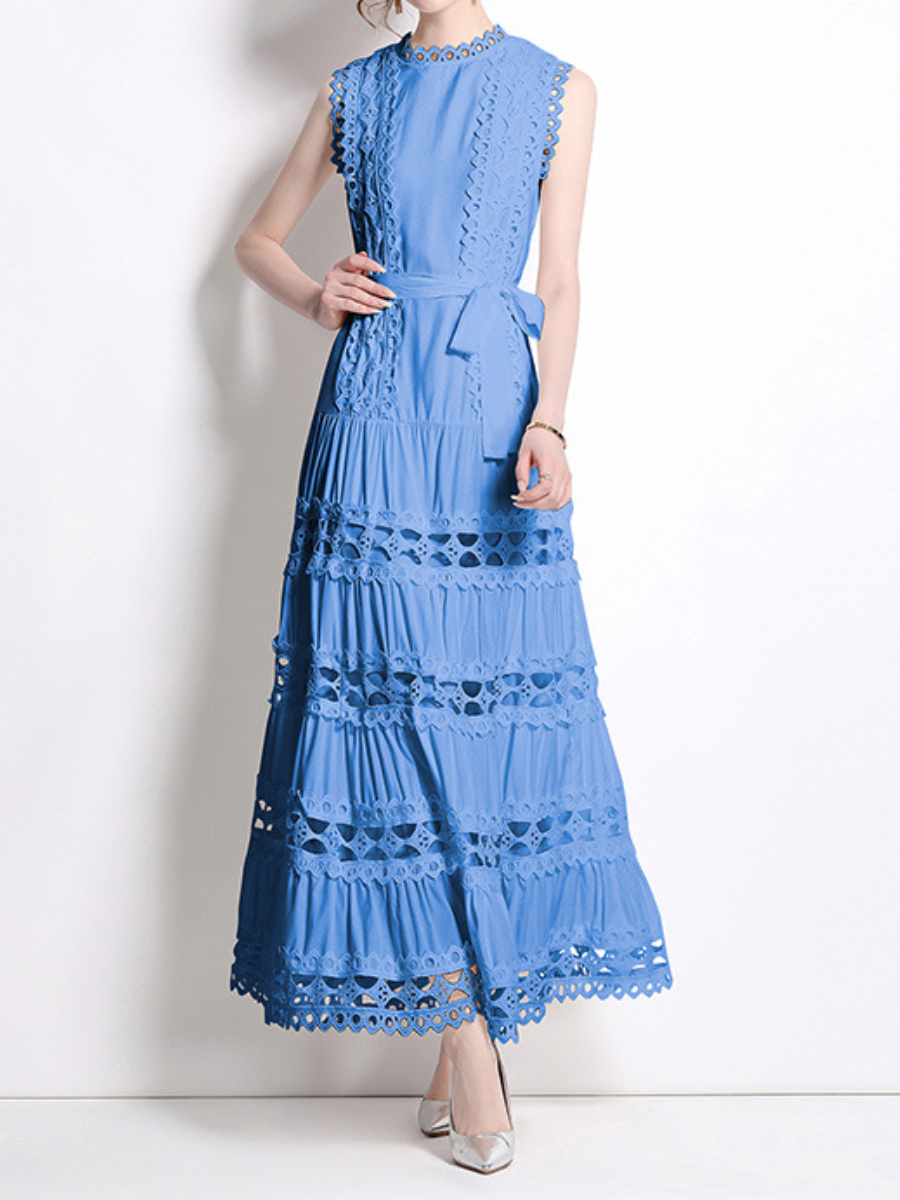 Round Neck Sleeveless Lace Cutout Dress