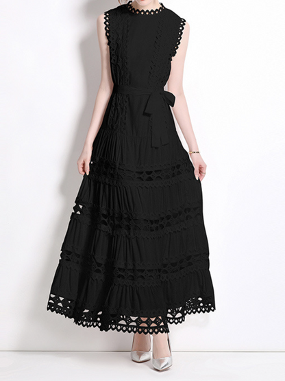 Round Neck Sleeveless Lace Cutout Dress