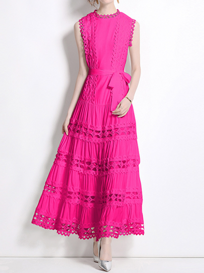 Round Neck Sleeveless Lace Cutout Dress