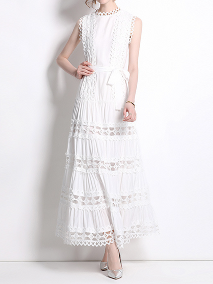 Round Neck Sleeveless Lace Cutout Dress