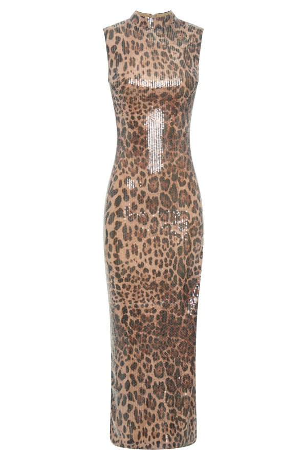 Leopard Print Sequin Midi Dress