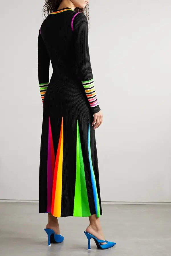 Pleated Striped Knit Maxi Dress