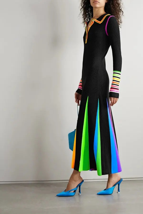 Pleated Striped Knit Maxi Dress
