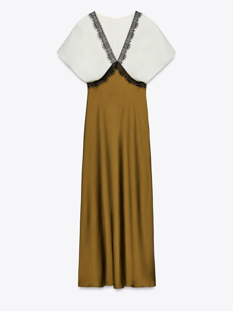 V-neck Lace Detail Contrast Dress