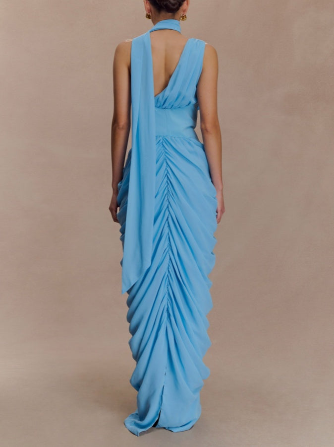 Asymmetric Neckline Pleated Chiffon Maxi Dress