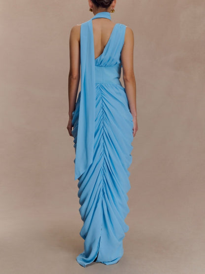 Asymmetric Neckline Pleated Chiffon Maxi Dress