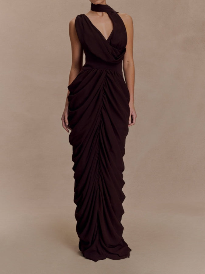 Asymmetric Neckline Pleated Chiffon Maxi Dress