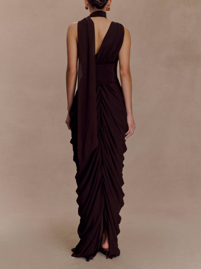 Asymmetric Neckline Pleated Chiffon Maxi Dress