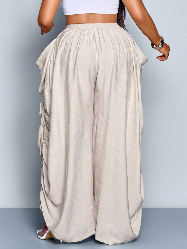 Tie-Waist Wide Leg Baggy Pants With Big Pockets