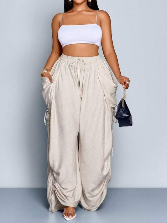 Tie-Waist Wide Leg Baggy Pants With Big Pockets
