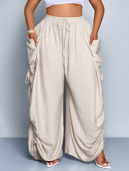 Tie-Waist Wide Leg Baggy Pants With Big Pockets