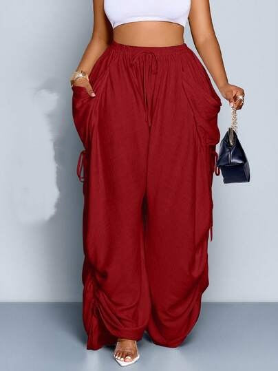 Tie-Waist Wide Leg Baggy Pants With Big Pockets