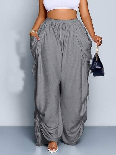 Tie-Waist Wide Leg Baggy Pants With Big Pockets