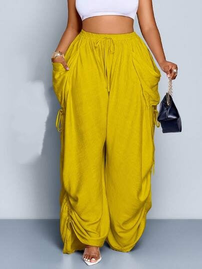 Tie-Waist Wide Leg Baggy Pants With Big Pockets