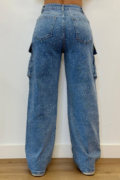 Multi-pocket Diamond-studded Cargo Jeans