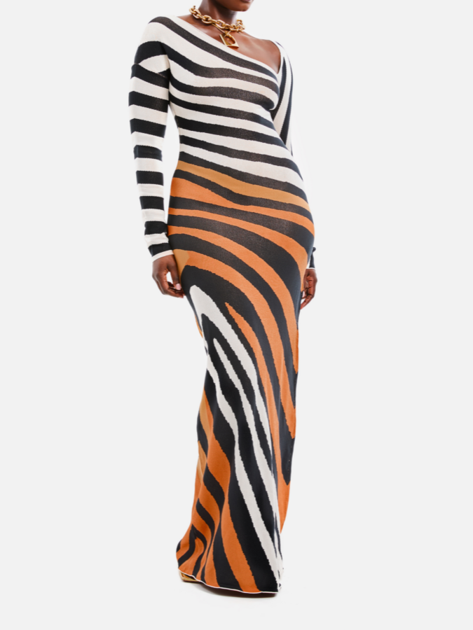 Asymmetric Striped Knitted Maxi Dress