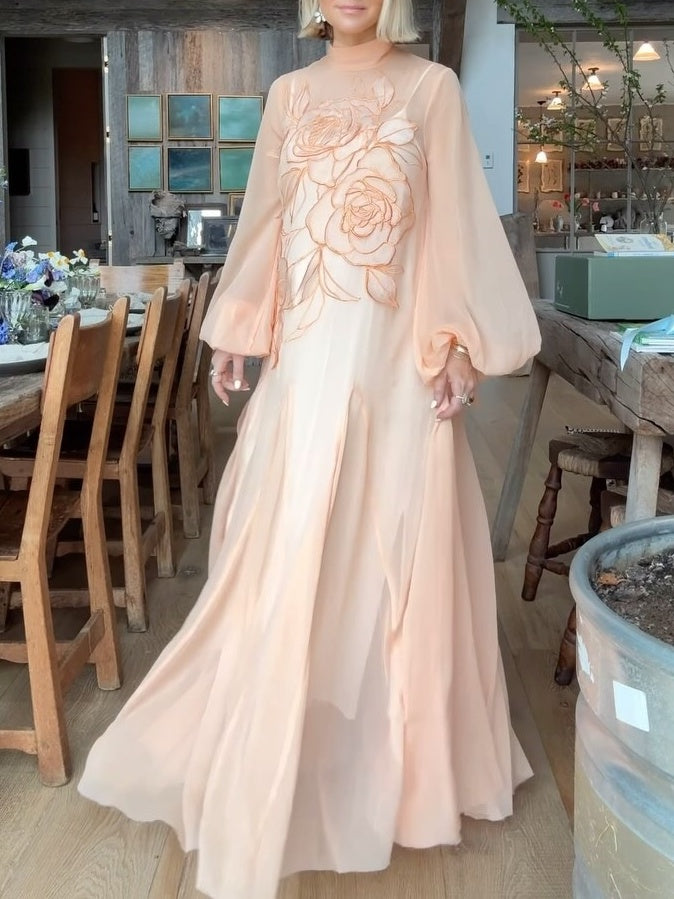 Applique Floral Tie Neck Blouson Sleeve Maxi Dress