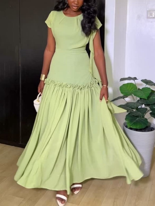 Round Neck Short Sleeve Ruffled Maxi Dress